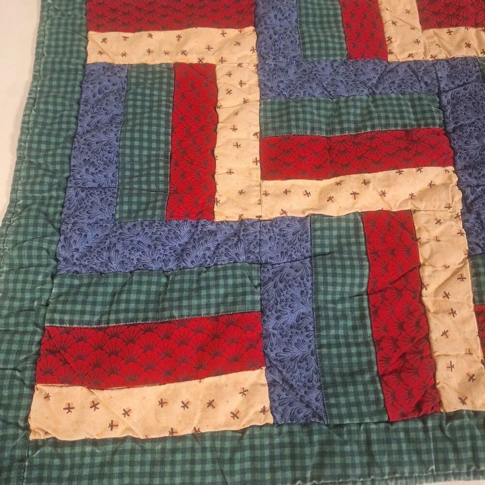 Handmade Quilted Patchwork Rail Fence Baby Blanket Red Blue Crib Throw 31 X 35